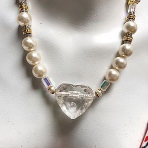 Giant Faux Pearl and Crystal Heart Necklace